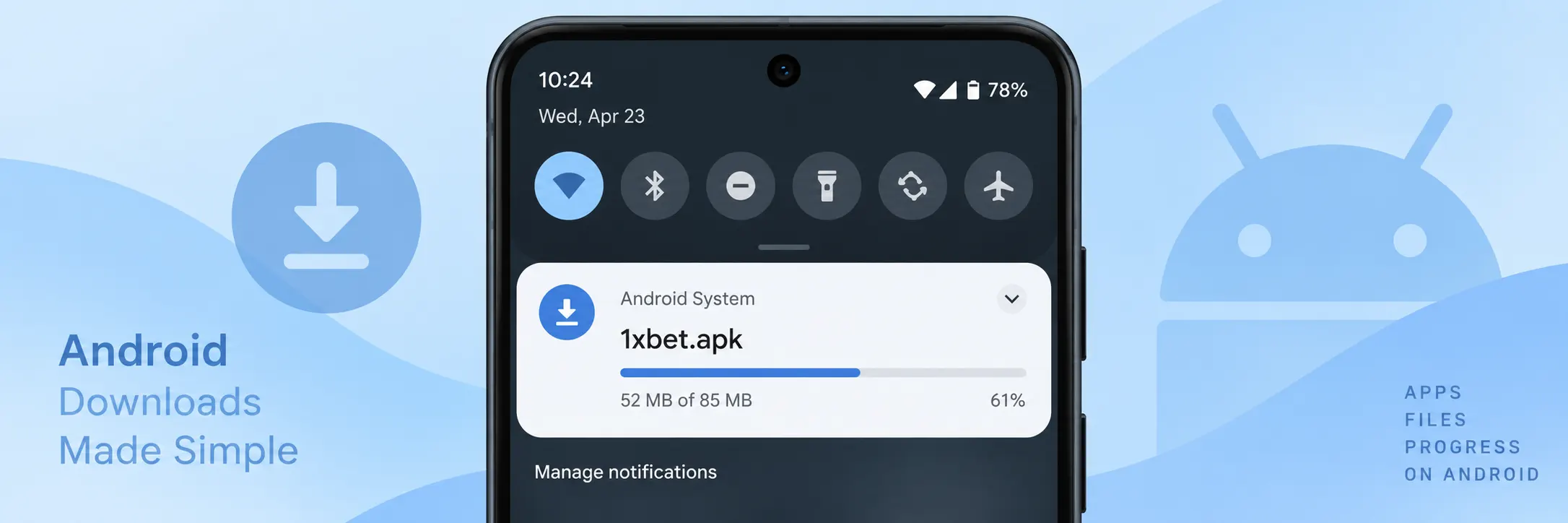 إشعار أندرويد يعرض تقدم نقل ملف 1xbet.apk
